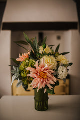 Luxury artificial dahlia, hydrangea and viburnum expertly arranged by our team of florists with seeded eucalyptus and lush lambs ear foliage into a choice of ribbed grey-blue glass vase or green bamboo glass vases or available as a beautifully wrapped bouquet.