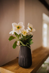 Deceptively realistic artificial hellebore styled in a black ceramic vase to complete the design.