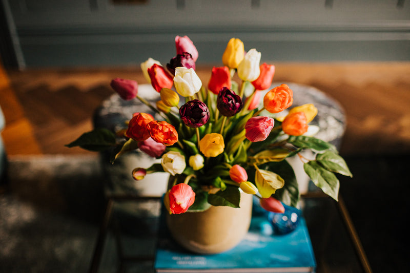 Luxury artificial Tulip arrangement styled in a sleek vase perfect for home styling or to gift.