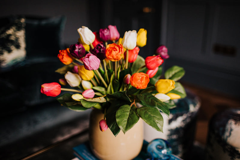 Luxury artificial Tulip arrangement styled in a sleek vase perfect for home styling or to gift.